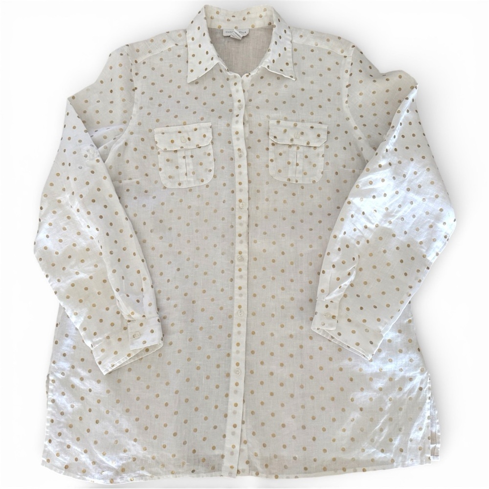 NWOT Charter Club Women’s XL 100% Linen Button Down Shirt Gold Polka Dots Long - Picture 2 of 7